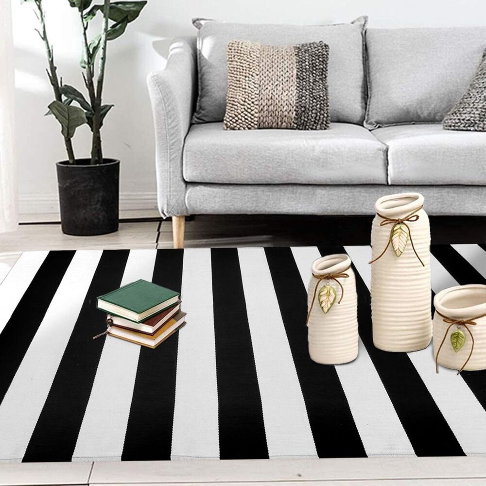 EARTHALL Black and White Striped Rug Indoor Outdoor 27.5" x 43" Cotton Washable - Picture 2 of 4
